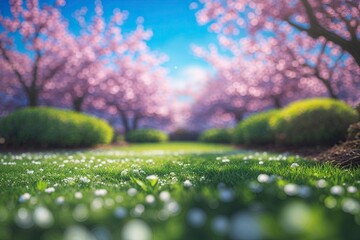 Obraz premium Vibrant Blurred Spring Landscape with Lush Green Lawn Blooming Bushes and Clear Blue Sky