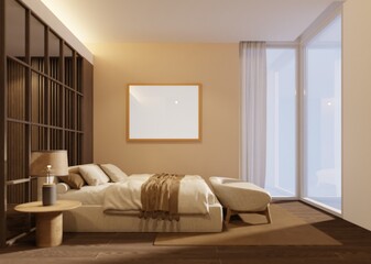 A minimalist bedroom with brown tones and wooden floors, with a view of a large glass window outside the room and an empty picture frame on a beige wall.3d render
