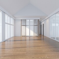 Interior the house, it is spacious, white tones, minimalist style, high ceilings look airy, wooden floors reflect shadow light from outdoor.3d render