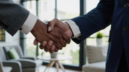 Close-up of diverse business professionals shaking hands in a modern office, symbolizing partnership and agreement, with bright lighting and space for text overlay. - Powered by Adobe