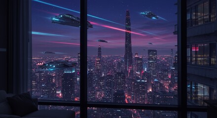 Nightfall over Futuristic Cityscape
