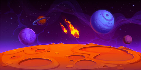 Galaxy alien space planet landscape with falling fire comets cartoon background. Vector space game alien universe red planet with rocks and craters, futuristic galaxy starry sky with comet shower © Vector Tradition