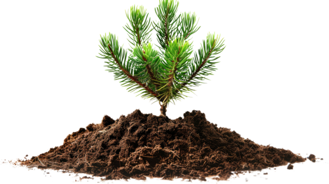 "Seedling's Resilience: A young coniferous seedling emerges from a mound of rich, dark earth, showcasing nature's perseverance and the promise of growth.