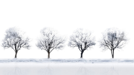 Winter Wonderland: A serene view of four bare trees delicately coated in frost, standing steadfast against a backdrop of wintery white, symbolizing resilience and the quiet beauty of a cold season. 