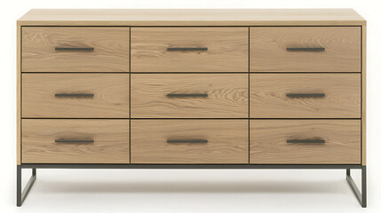 A wooden dresser with black handles and a black frame