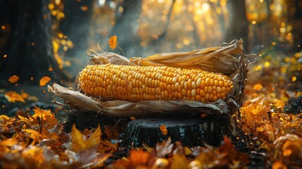 Autumnal Corn Cob Still Life: A Golden Harvest in the Woods