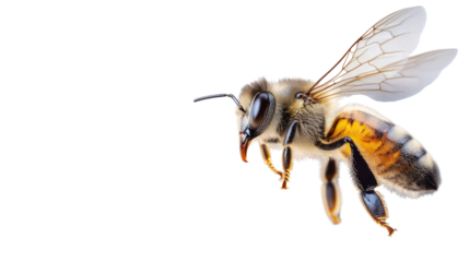 Honeybee in Flight: Captivating close-up shot of a honeybee in mid-flight, showcasing its detailed wings and fuzzy body. A testament to nature's design and the crucial role of pollination