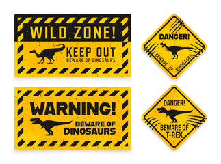 Dinosaur warning signs with claw scratch marks. Beware of dino monster, danger zone and stay away vector yellow grunge banners. Caution warning signs with tyrannosaurus and monolophosaurus dinosaurs © Vector Tradition