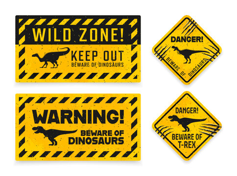 Dinosaur warning signs with claw scratch marks. Beware of dino monster, danger zone and stay away vector yellow grunge banners. Caution warning signs with tyrannosaurus and monolophosaurus dinosaurs
