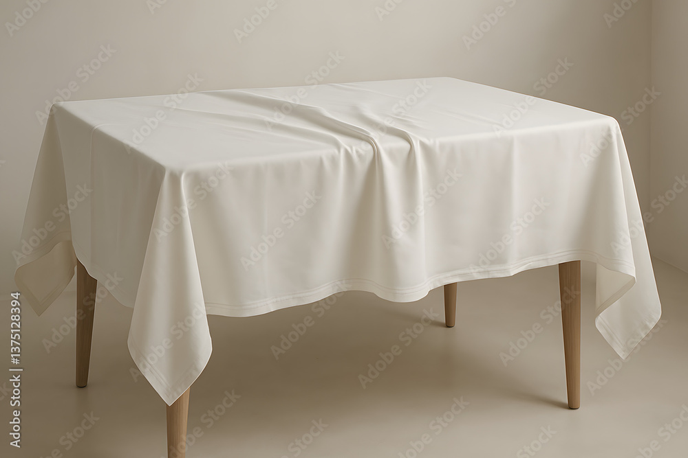 Poster elegant table with cloth: a rectangular wooden table draped with a light-colored tablecloth, creatin