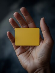 Close-up of a hand holding a yellow card against a dark moody background, symbolizing warning, authority, or decision-making in various contexts like sports, business, or security

