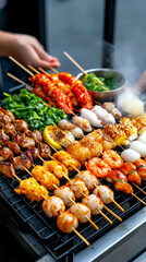 Naklejka premium A vibrant assortment of skewered grilled meats and seafood garnished with greens, showcasing a lively street food scene.