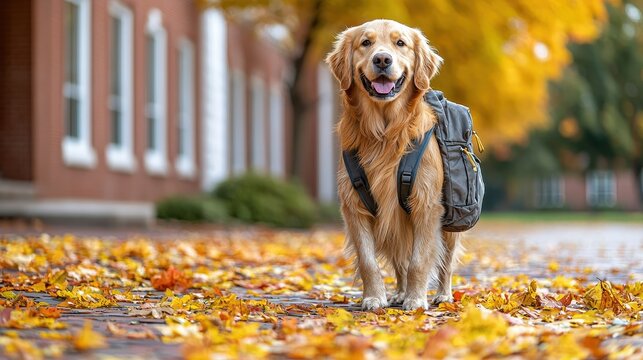 A fluffy golden retriever, sporting a tiny backpack, trotted confidently through the school gates, a grin plastered on its face as it embarked on a new chapter of learning, ready to embrace 