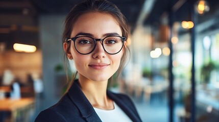 Confident Young Woman in Trendy Outfit Posing in Modern Office Space