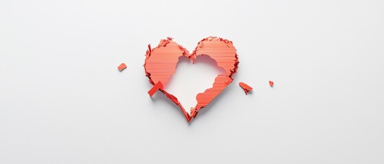 3d rendering of a broken heart. the heart is made up of multiple layers of red paper, with the top layer being the largest and the bottom layer being smaller.