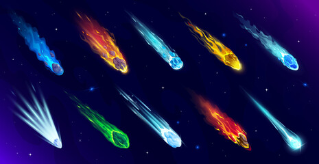 Falling space comets, meteors and asteroids on starry galaxy sky vector background. Cartoon comets of space rocks, ice and dust falling with speed fire trails and gas light tails. Meteor shower themes © Vector Tradition