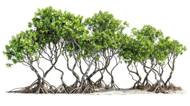 Mangrove Forest: A vibrant, verdant mangrove forest, with its distinctive root system and lush canopy, thrives in a coastal environment, showcasing resilience and ecological importance.