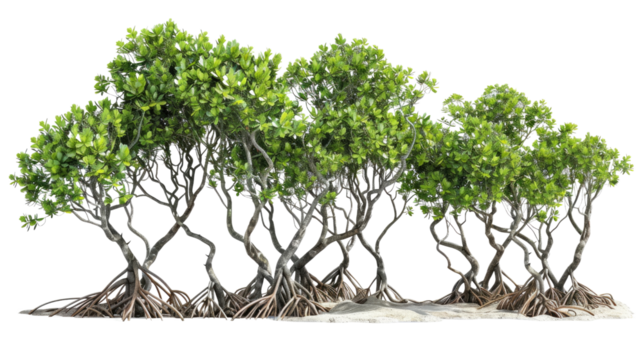 Mangrove Forest: A vibrant, verdant mangrove forest, with its distinctive root system and lush canopy, thrives in a coastal environment, showcasing resilience and ecological importance.