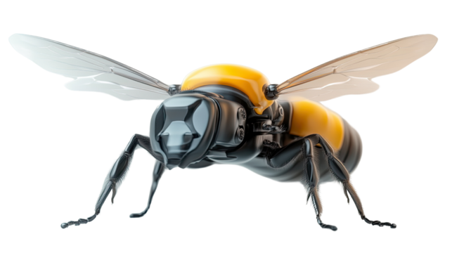 Robotic Bee: A detailed, close-up photograph showcases a robotic bee, its metallic body and translucent wings displayed against a neutral background, highlighting the intricate design.