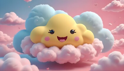 A 3D render of a yellow cloud with a cute face, heart-shaped eyes, and a pink mouth, surrounded by pink clouds, set against a pink and blue background