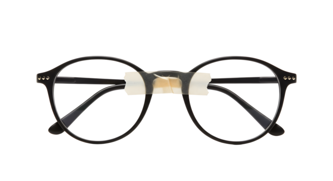 Eyeglasses with tape on bridge needing repair presented on white