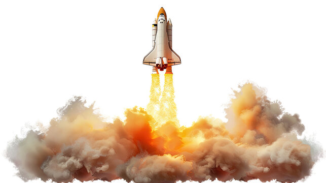 The Rocket Ascent: A powerful rocket streaks skyward, leaving a trail of flames and billowing smoke as it ventures into the unknown. This photorealistic image represents innovation, progress.