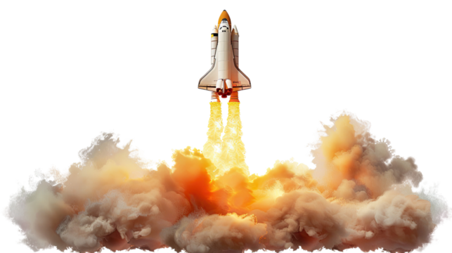 The Rocket Ascent: A powerful rocket streaks skyward, leaving a trail of flames and billowing smoke as it ventures into the unknown. This photorealistic image represents innovation, progress.