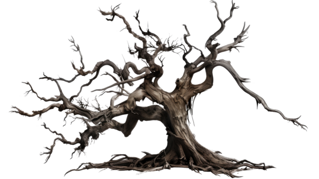 Withered tree against a fading glow, revealing the harsh beauty of resilience, an ode to nature's enduring spirit