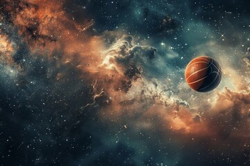 Fototapeta premium A surreal image of a basketball floating through space, surrounded by a nebula of stars and gas, A surreal depiction of a basketball bouncing through space