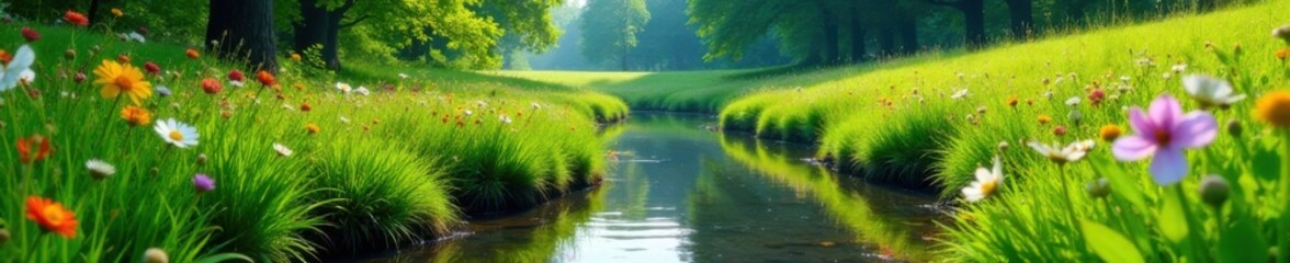 Obraz premium A lush meadow borders a gentle brook, dotted with colorful flowers and tall grasses , environmental, scenic, serene scene