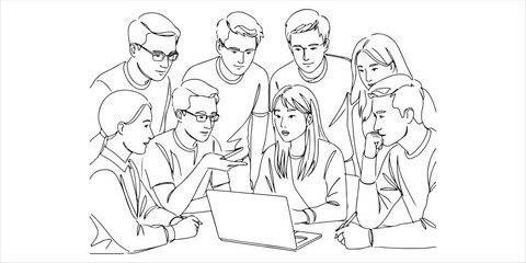 people sitting at a table with a laptop and asking a young woman questions continuous single line art drawing sketch on white background