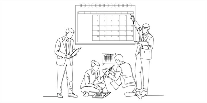 business team meeting around calendar, line art clip art preview