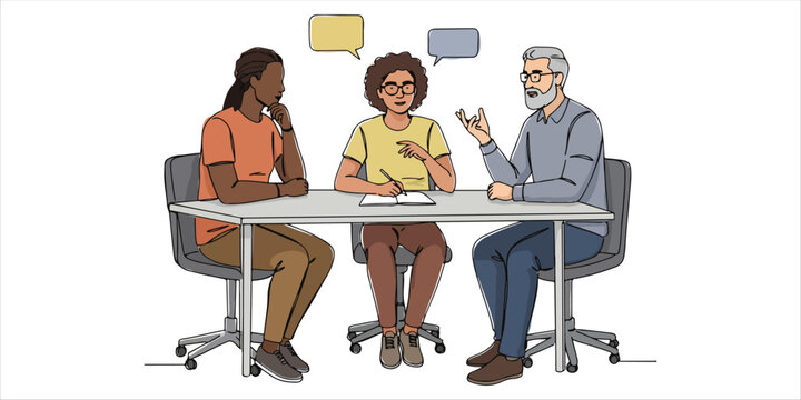 people at a desk having a discussion with speech bubbles over their heads continuous single line art drawing sketch on white background 