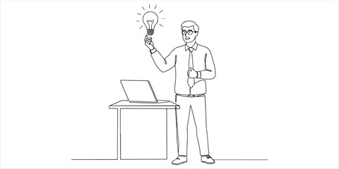 office worker presenting his idea with a light bulb continuous single line art drawing sketch on white background