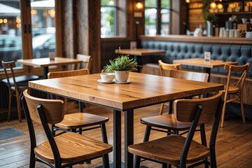 Fototapeta premium Contemporary Oak Square Table in Bright Cafe Space Highlighting Warm Ambiance and Beautiful Wood Grain