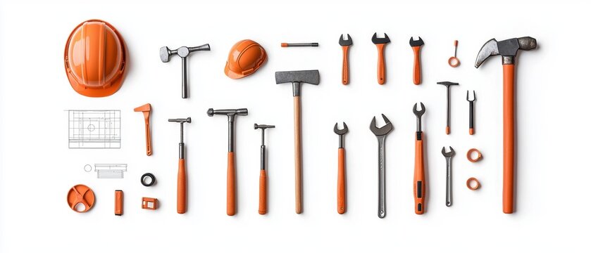Collection of various construction tools arranged in a flat lay on a white background.