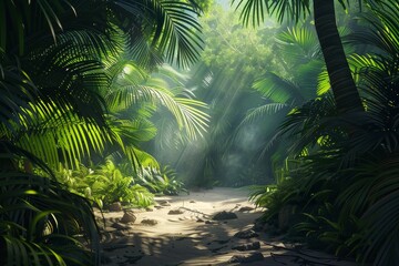 Naklejka premium Sunbeams pierce through the dense canopy of a tropical paradise, illuminating a sandy path leading deeper into the jungle, Interplay of light and shadow in a lush paradise