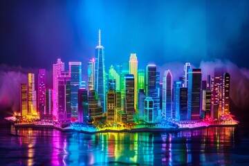 Fototapeta premium A futuristic cityscape with towering skyscrapers lit up by vibrant neon rainbow lights reflecting on the water, Develop a futuristic cityscape with neon rainbow lights illuminating the skyline
