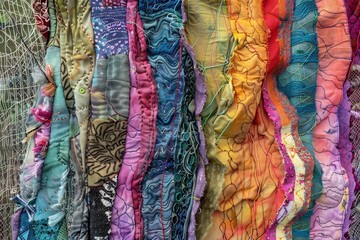 A close-up of a textile art piece made with recycled fabrics, Incorporating discarded fabrics into a textile art piece