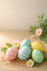 Fototapeta premium Huevos de Pascua decorados sobre superficie de madera con flores primaverales y fondo desenfocado, espacio libre para texto o gráficos