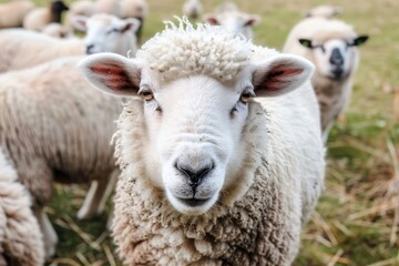 Naklejka premium A close-up portrait of a fluffy sheep with thick wool, looking directly at the camera in a rural field, A fluffy sheep with a thick woolly coat