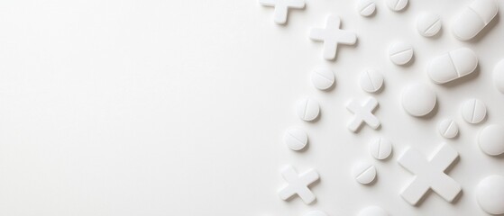 Flat lay of white pills scattered on a white background. the pills are of different sizes and shapes, with some being round and others being oval-shaped.