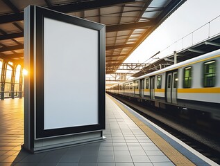 High-speed train arriving at a railway station with a blank advertisement board in the foreground, perfect for commercial mockups, branding, and transportation themes

