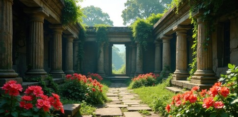 Fototapeta premium Ancient temple ruins overgrown with vines and flowers, foliage, nature