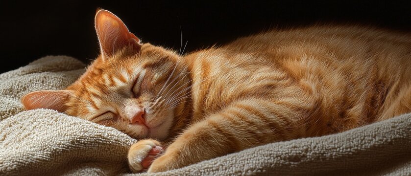 Close-up of an orange tabby cat sleeping peacefully on a beige blanket. the cat's eyes are closed and its head is resting on its front paws. its fur is soft and fluffy, and its ears are perked up.