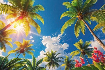 Tropical Summer Abstract Art Featuring Palm Leaves and Sunny Skies