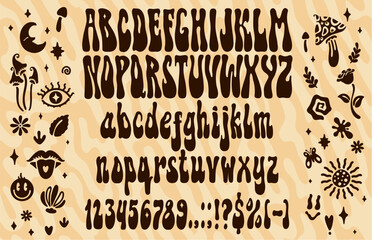 Groovy psychedelic font, retro hippy trippy type, 60s typeface, vintage english alphabet vector typography set. Funky psychedelic font abc letters and numbers, hippie mushroom, flower and sun symbols