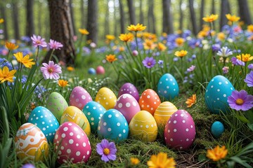 Vibrant Easter Egg Hunt in a Lush Wildflower Forest