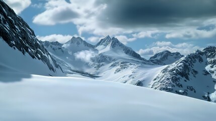 Fototapeta premium Snow-covered mountain peaks under a partially cloudy sky create a majestic winter landscape. Serene and vast.