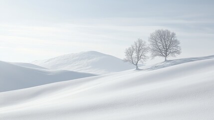 Serene Winter Landscape with Bare Trees and Snowy Hills